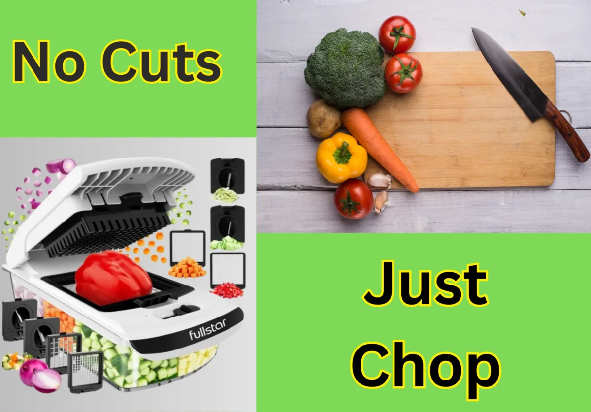 Handheld vegetable chopper dicing fresh onions and bell peppers for meal prep