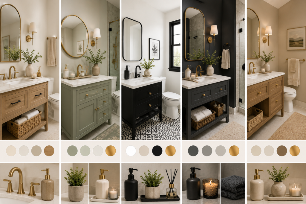 Bathroom Decor Ideas That Actually Work: My Go To Accessories and Styling Formula Bathroom inspiration board with swatches