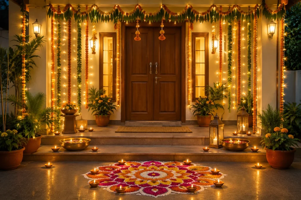 Festive Diwali entrance with lights and marigolds