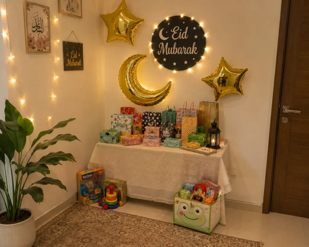 Best Home Decor Ideas for Eid to Create a Warm Festive Look Festive Eid celebration corner setup