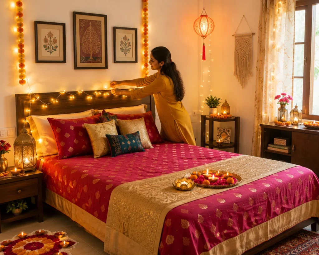 Festive bedroom with warm Diwali vibes