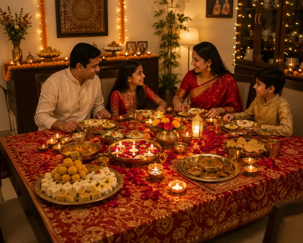 Festive family celebration with Diwali decor