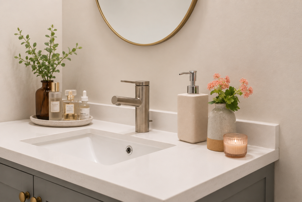 Bathroom Decor Ideas That Actually Work: My Go To Accessories and Styling Formula Minimalist vanity with elegant decor