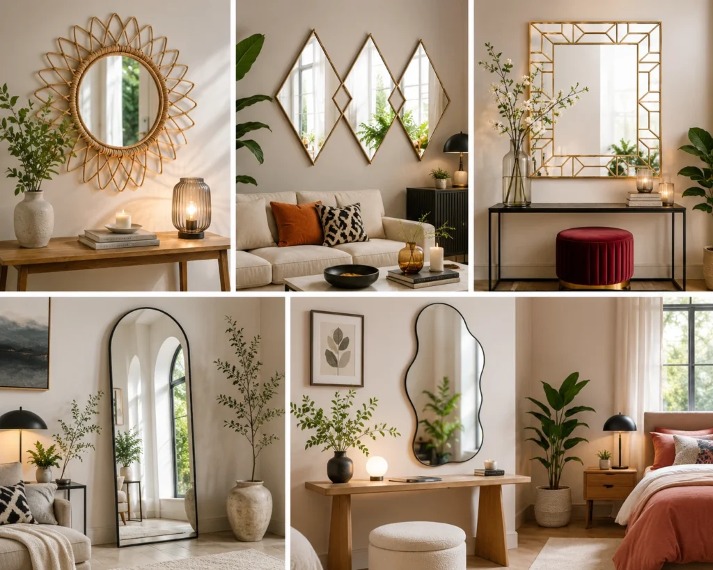 Modern boho home decor with mirrors