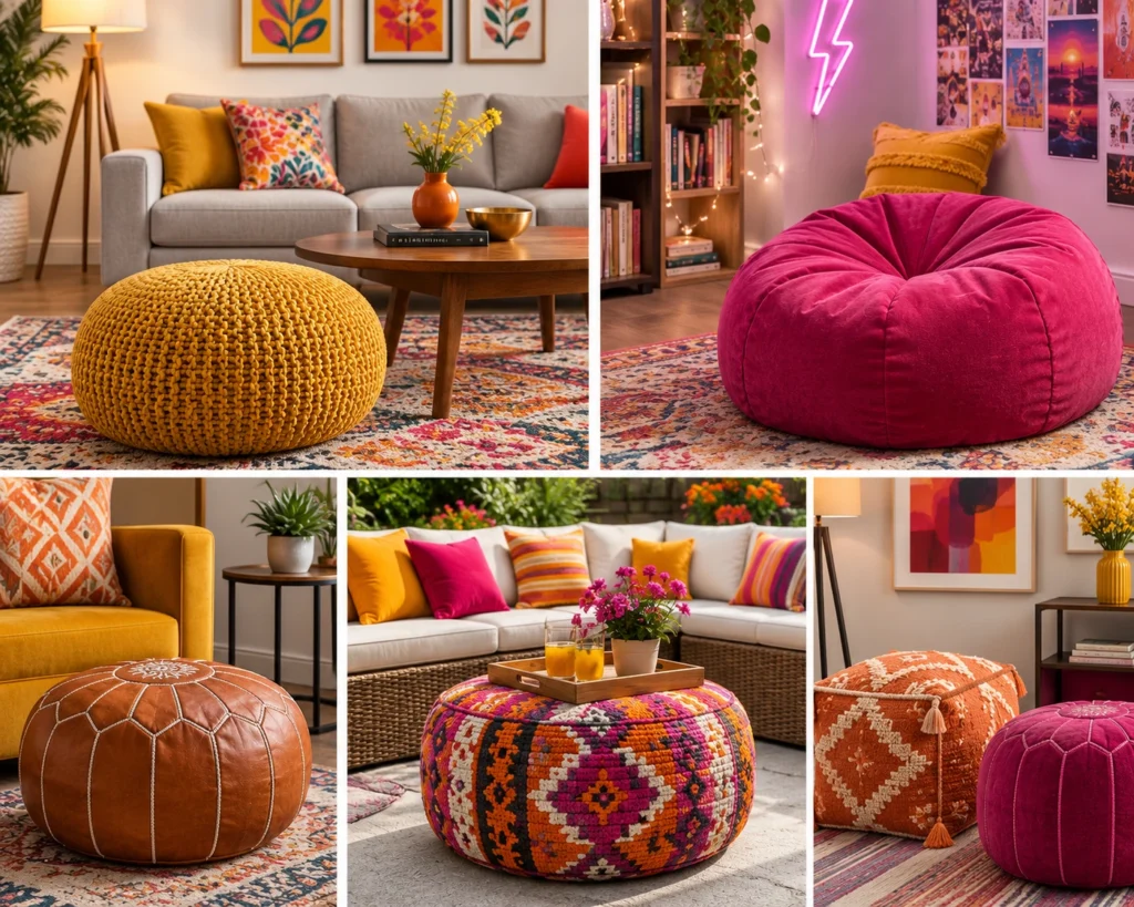Vibrant boho pouf styling in cozy spaces