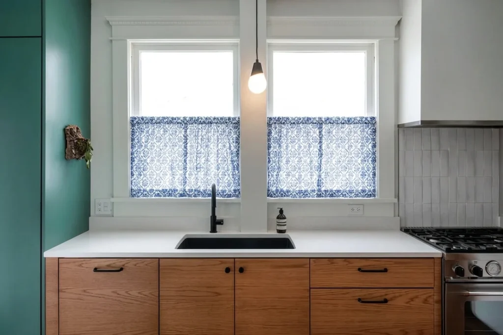 10 Kitchen Curtains Ideas That Make Your Whole Space Feel Warmer Blue and White Kitchen Curtains Over the Sink