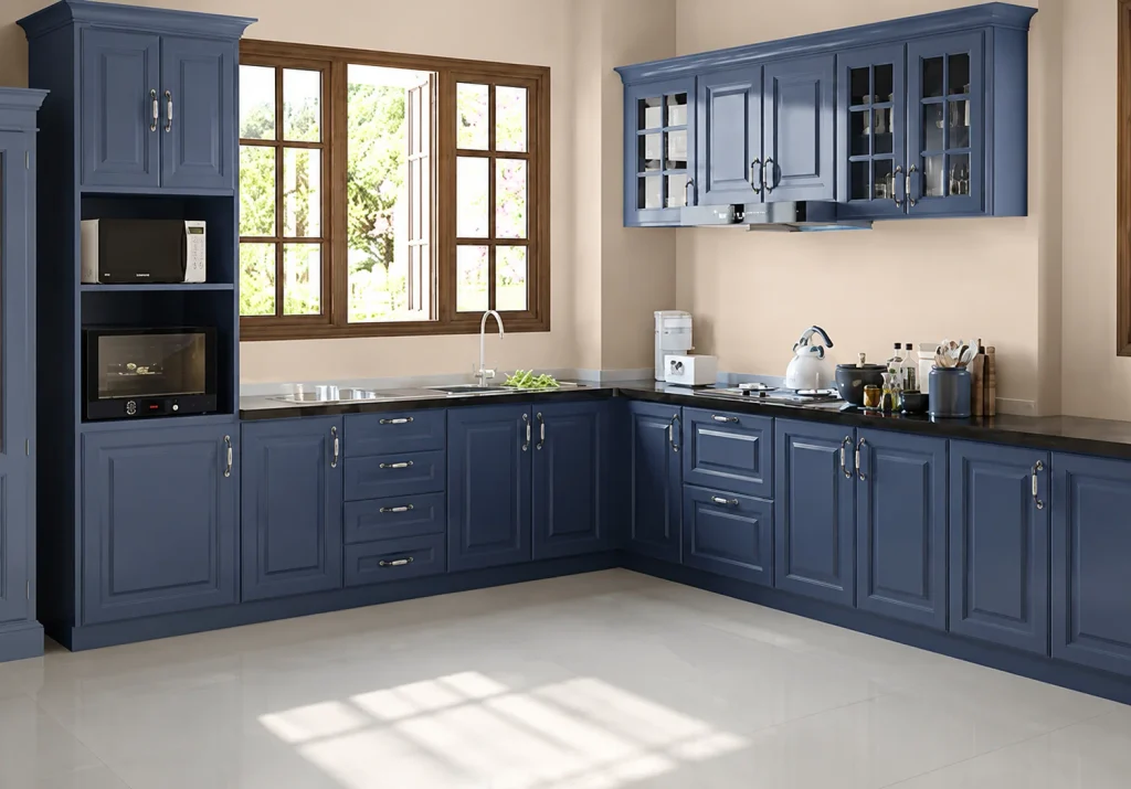 Bright Navy Kitchen with Warm Window Light