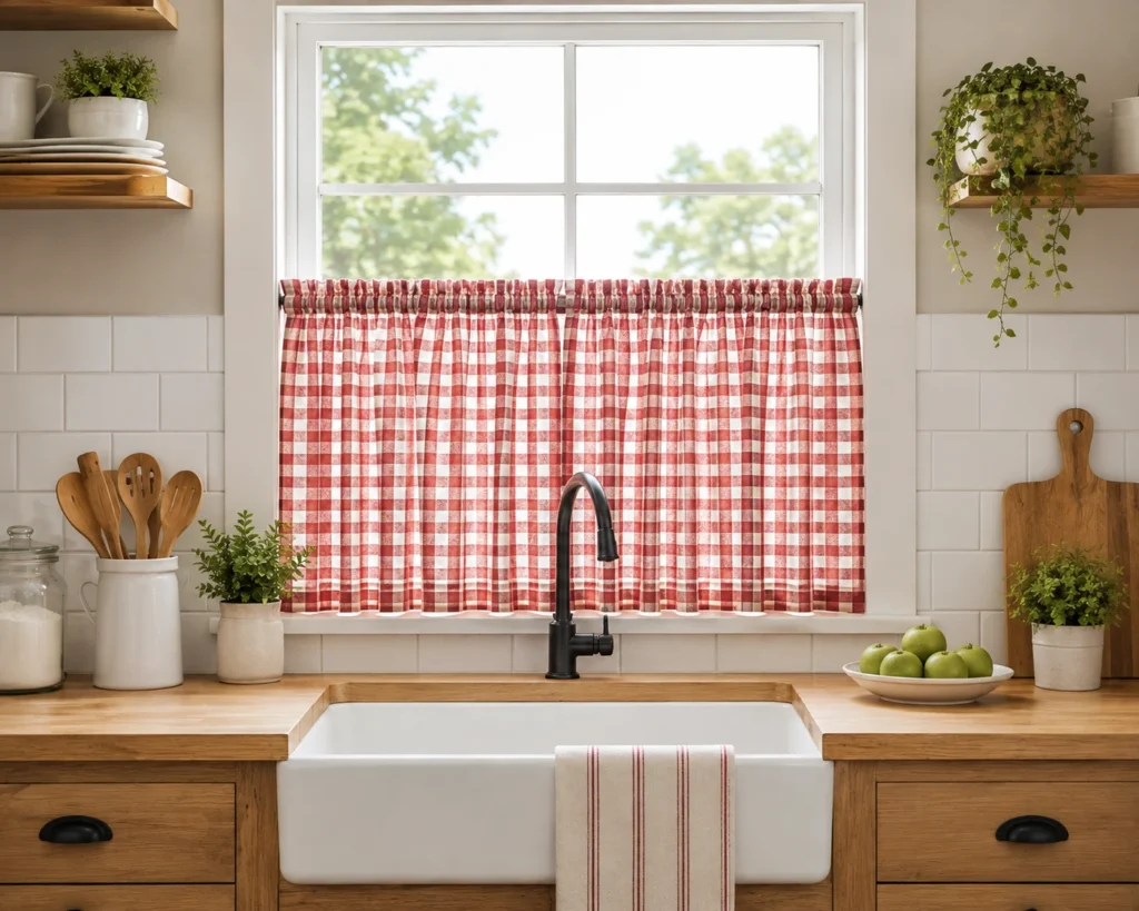 10 Kitchen Curtains Ideas That Make Your Whole Space Feel Warmer Gingham Kitchen Curtains With a Farmhouse Feel