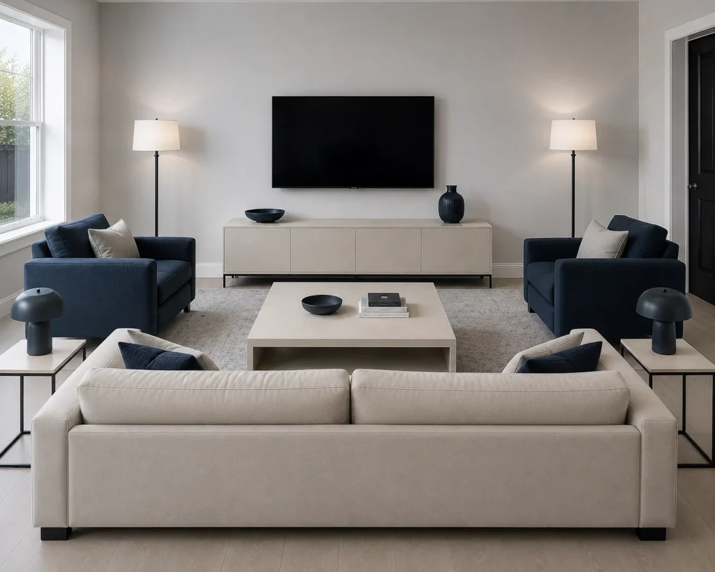 Symmetrical Modern Navy-Accented Living Room