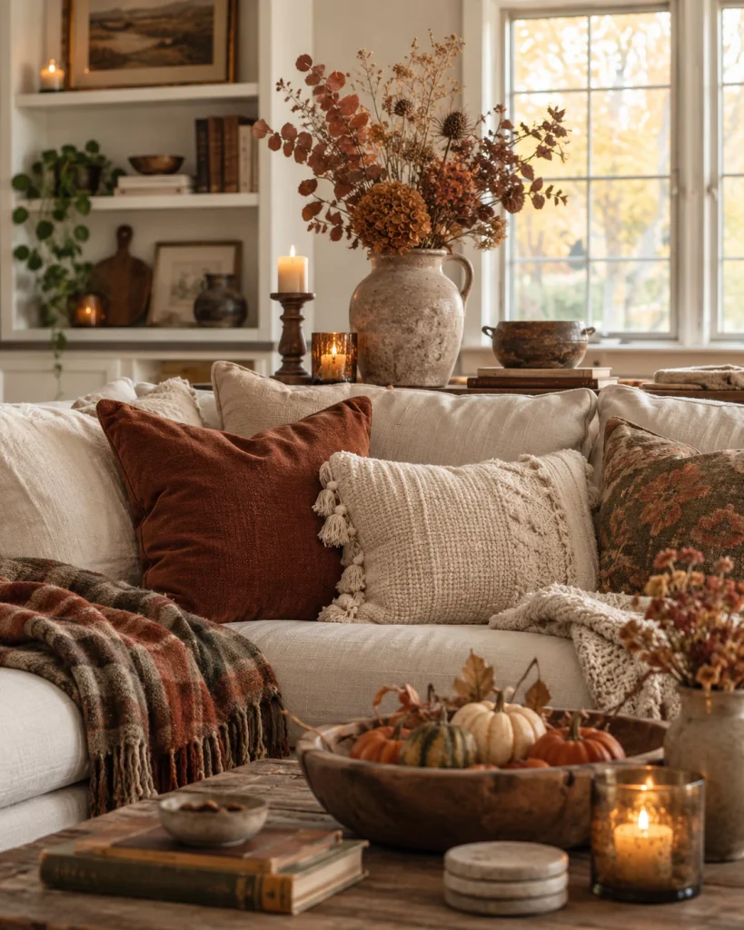 Fall Decor Ideas That Are Actually Overrated (And What to Try Instead) Cosy Autumn Living Room Vignette