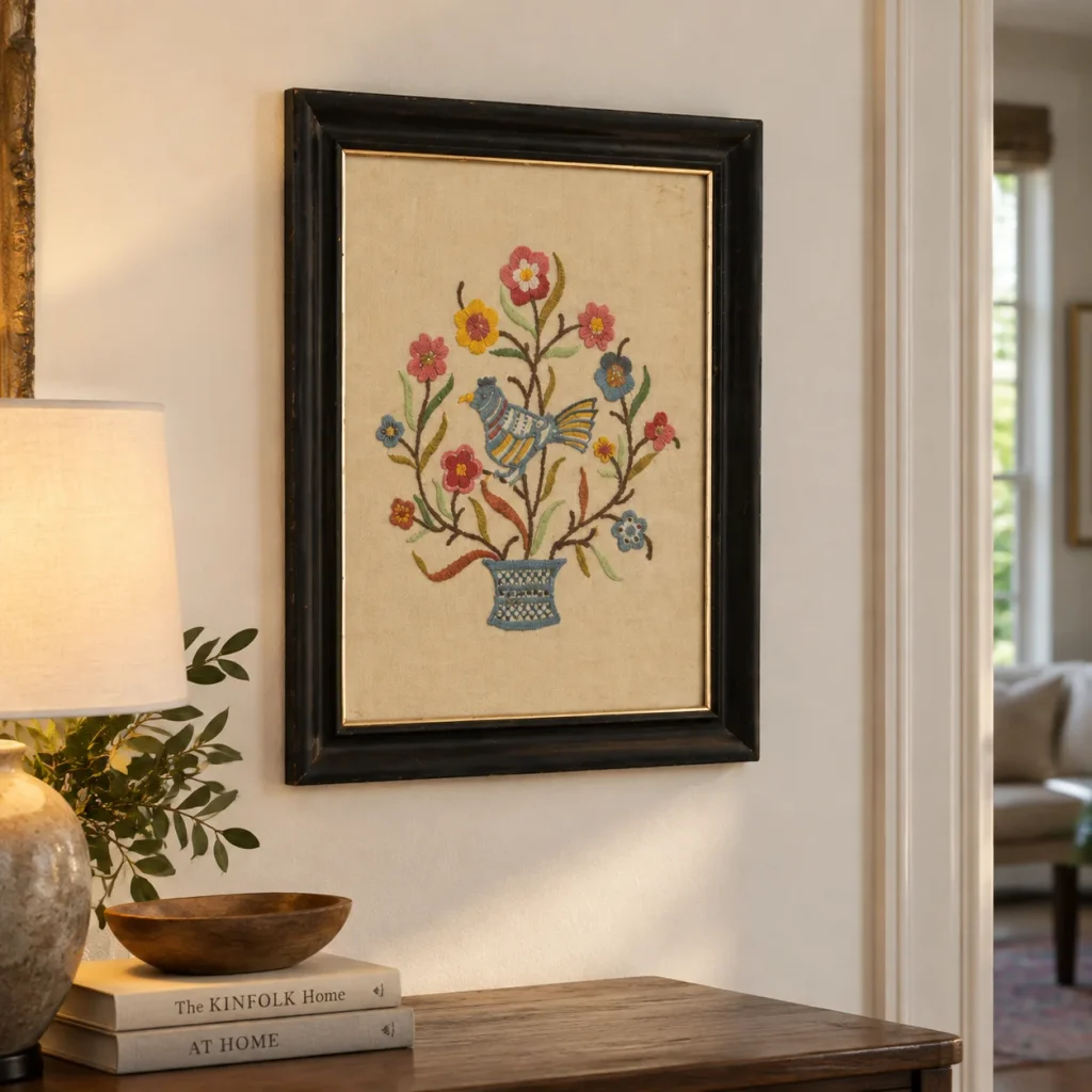 The Antiques Designers Are Buying Right Now Before Prices Climb Cozy Embroidered Bird Wall Vignette