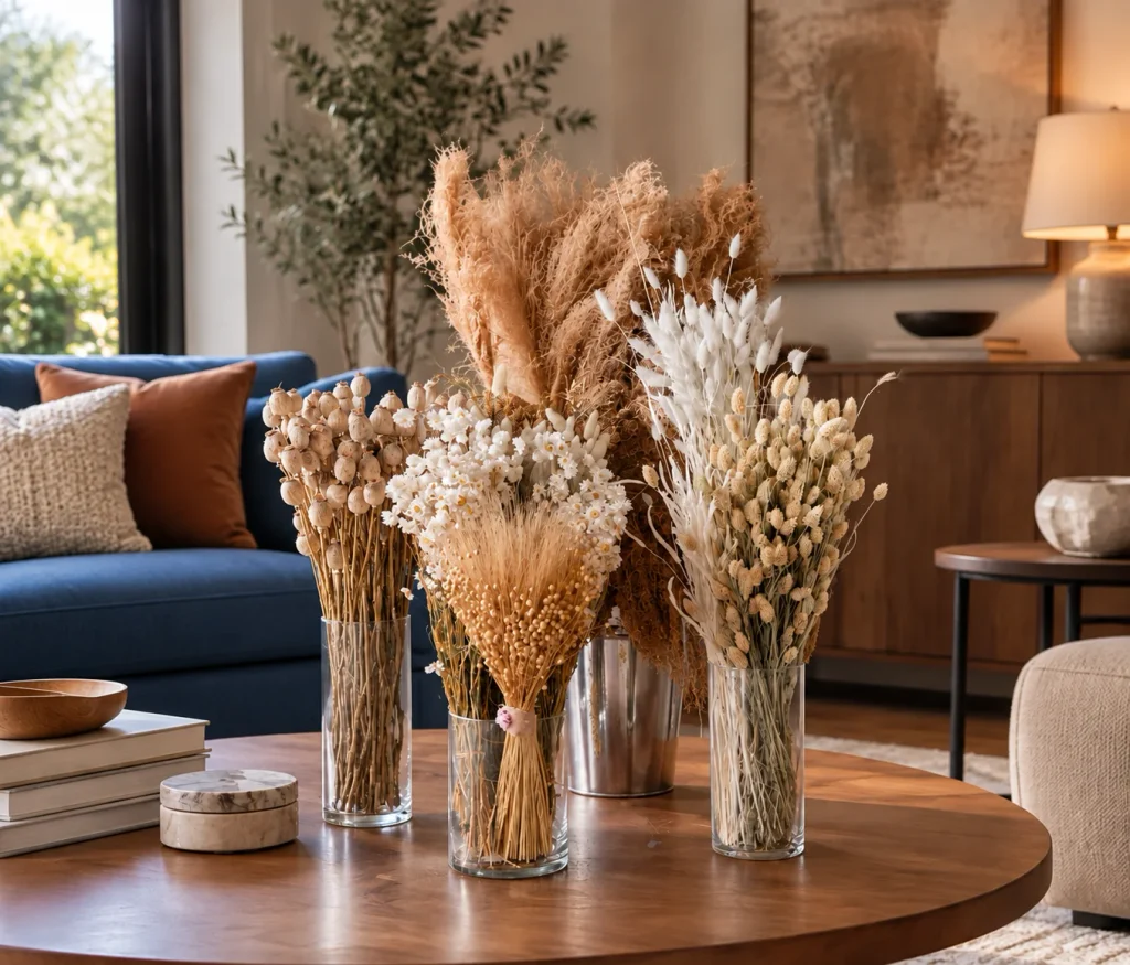 Fall Decor Ideas That Are Actually Overrated (And What to Try Instead) Elegant Dried Florals in a Modern Living Room