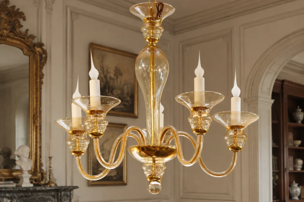 The Antiques Designers Are Buying Right Now Before Prices Climb Opulent Hand Blown Glass Chandelier in a Classic Interior