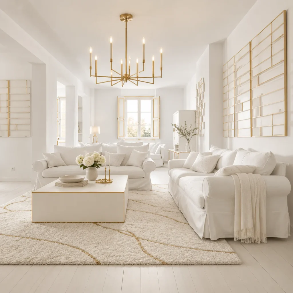 10 High-Maintenance Home Decor Trends Worth a Second Look Serene White and Gold Living Room