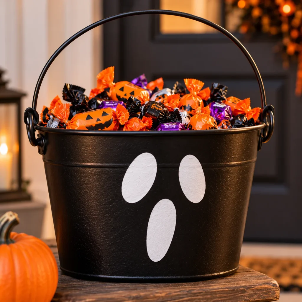 Halloween Porch Decor: 20 Spooky Ideas to Make Your Home the Talk of the Street A Black Bucket or Cauldron for Candy