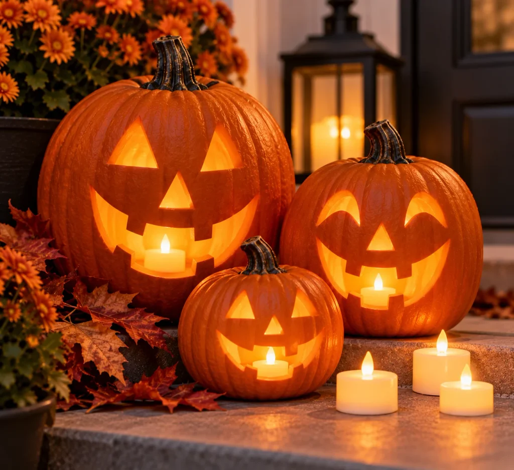 Halloween Porch Decor: 20 Spooky Ideas to Make Your Home the Talk of the Street Battery Tea Lights in Carved Pumpkins