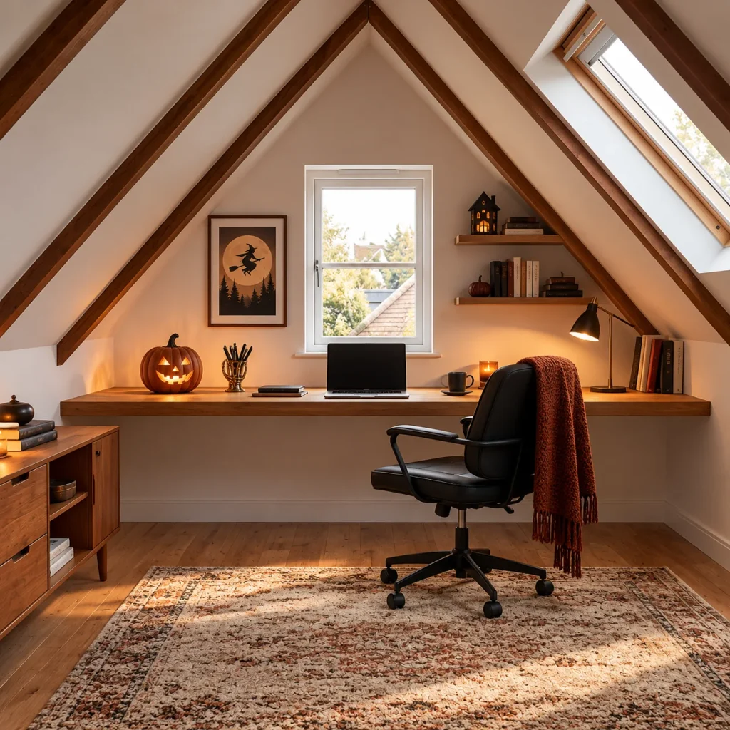 Halloween Home Office Decor Ideas That Still Look Like a Place You'd Want to Work Cozy Halloween Attic Home Office Decor ideas