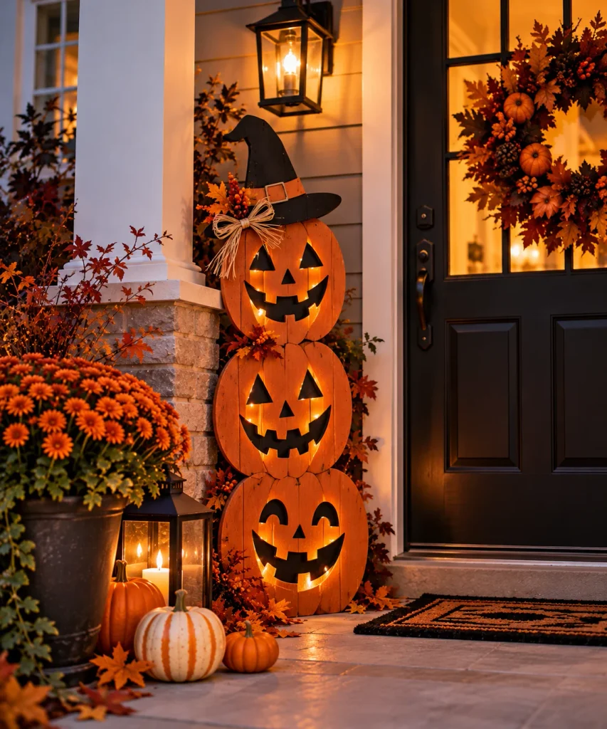 Halloween Porch Decor: 20 Spooky Ideas to Make Your Home the Talk of the Street Glowing Pumpkin Totem Halloween Porch
