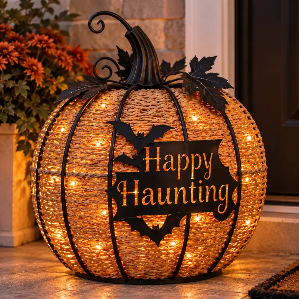 Halloween Porch Decor: 20 Spooky Ideas to Make Your Home the Talk of the Street Glowing Woven Pumpkin Lantern with Happy Haunting Sign