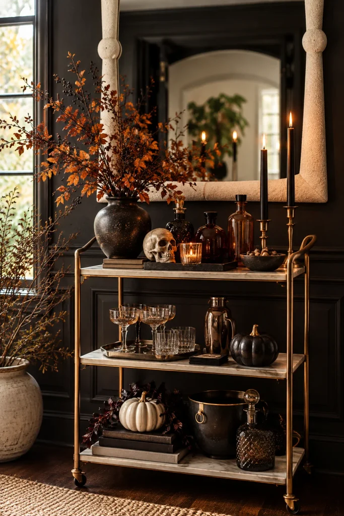 Halloween Decoration Ideas That Look Chic, Not Cheap Halloween Decoration Ideas for a Bar Cart or Sideboard