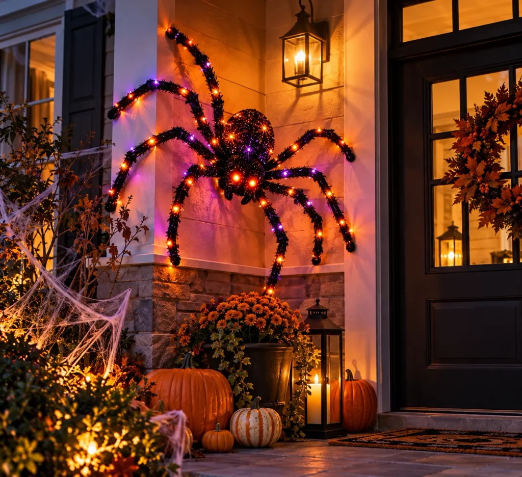 Halloween Porch Decor: 20 Spooky Ideas to Make Your Home the Talk of the Street Illuminated Spider Halloween Porch Decor