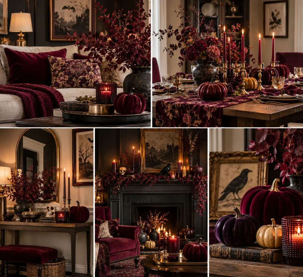 Halloween Decoration Ideas That Look Chic, Not Cheap Moody Burgundy Halloween Interior Collage