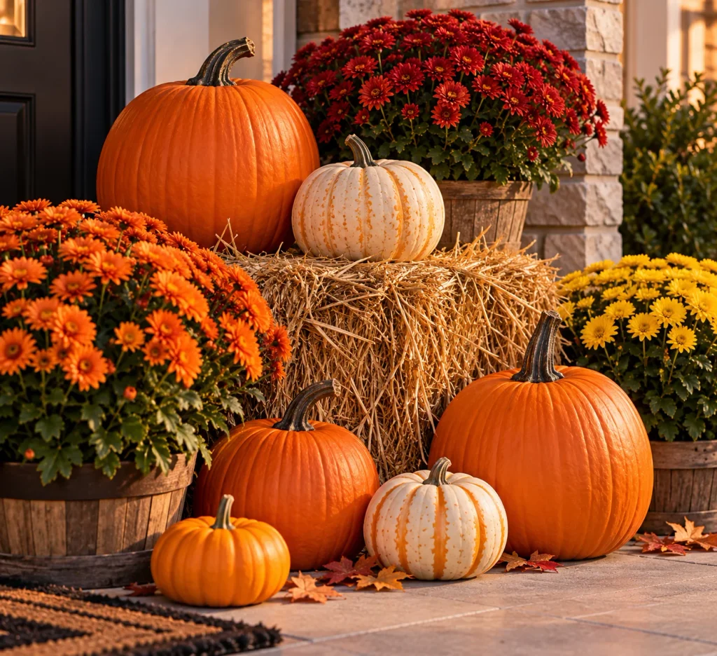 Halloween Porch Decor: 20 Spooky Ideas to Make Your Home the Talk of the Street Real Pumpkins, Mums and a Hay Bale