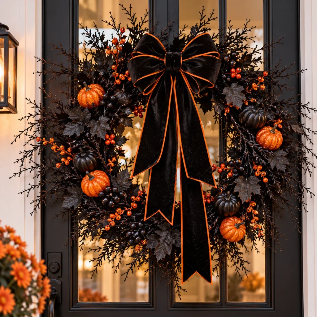 Halloween Porch Decor: 20 Spooky Ideas to Make Your Home the Talk of the Street Spooky Orange and Black Pumpkin Wreath