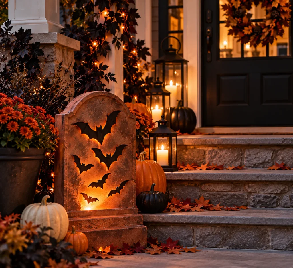 Halloween Porch Decor: 20 Spooky Ideas to Make Your Home the Talk of the Street Terracotta Bat Cutout Tombstone