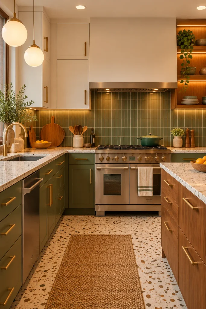Midcentury Modern Kitchen Ideas That Never Go Out of Style Warm Midcentury Kitchen with Olive Tiles