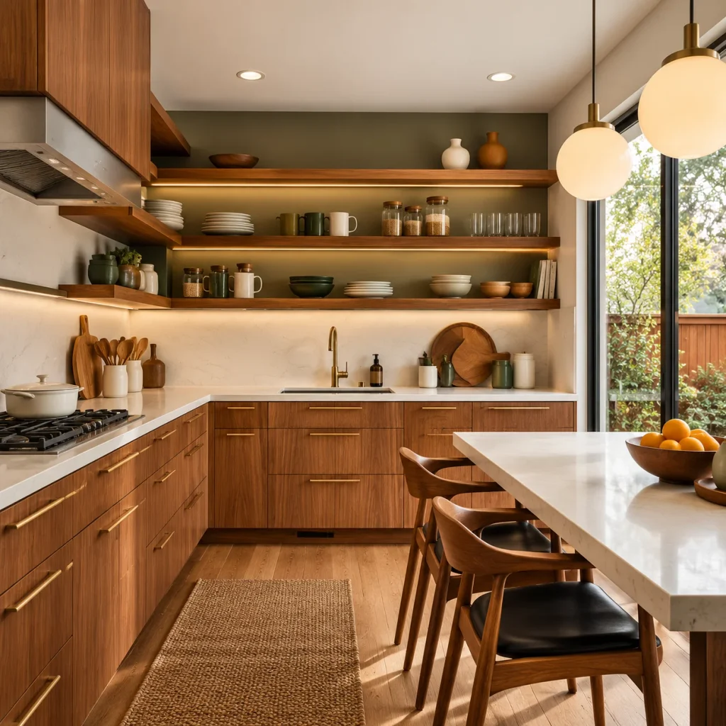 Midcentury Modern Kitchen Ideas That Never Go Out of Style Warm Mid-Century Walnut Kitchen