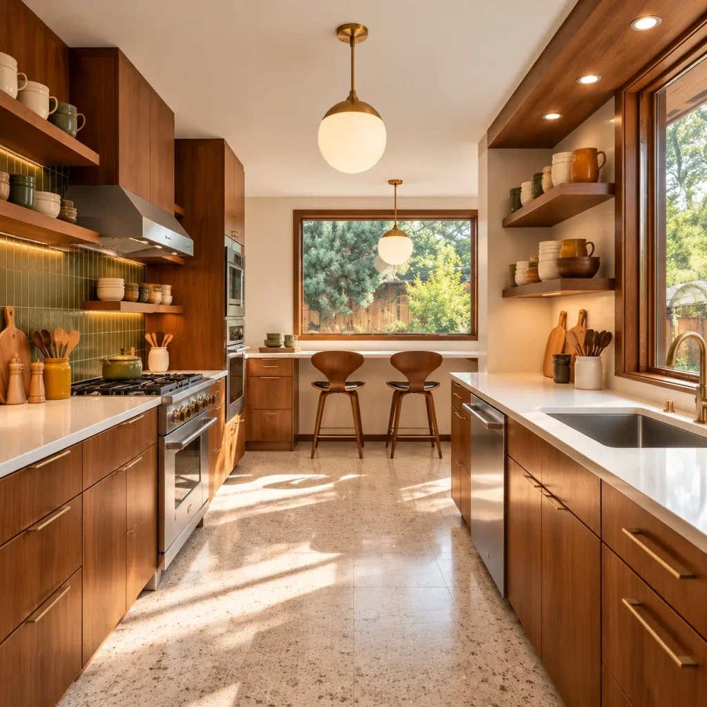 Midcentury Modern Kitchen Ideas That Never Go Out of Style Warm Walnut Mid-Century Kitchen